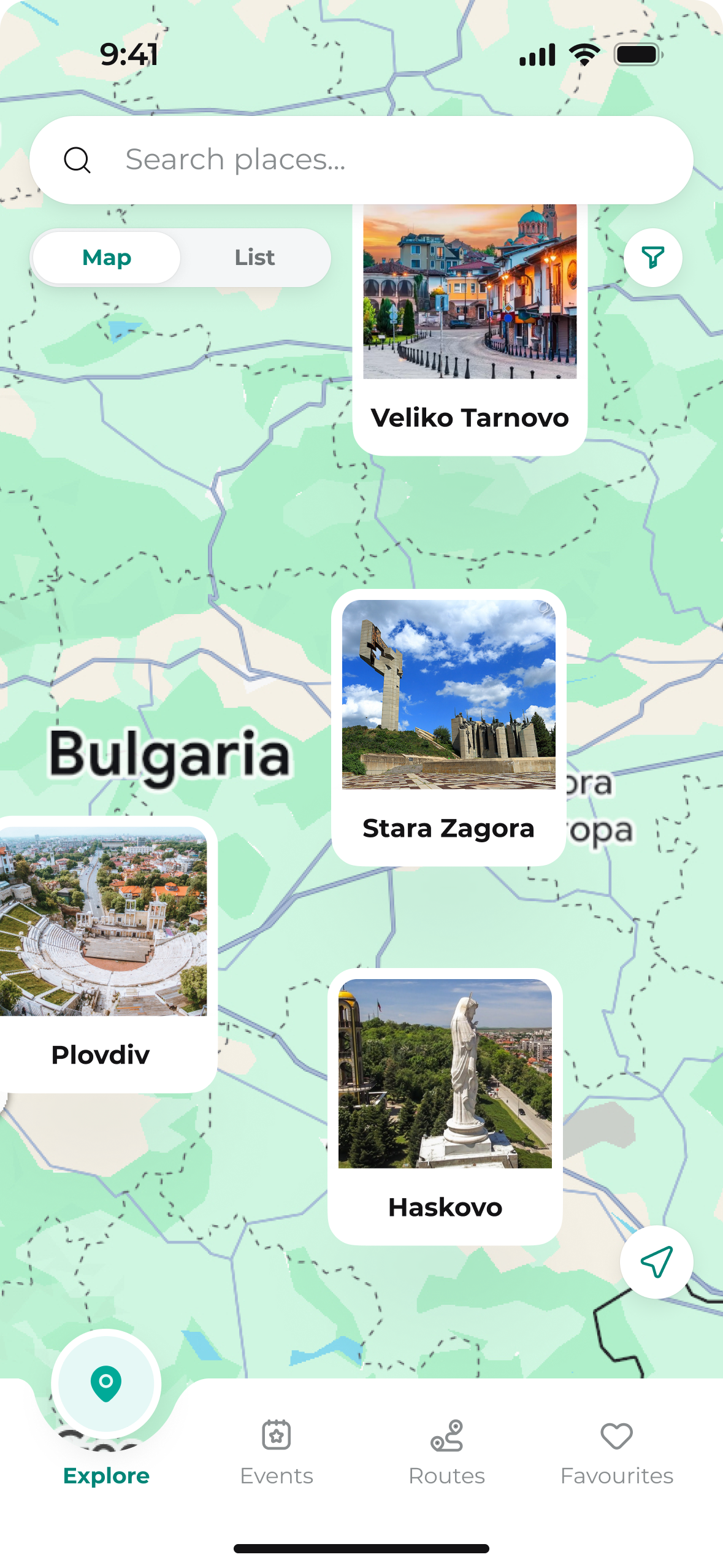 Bulgaria map with city cards